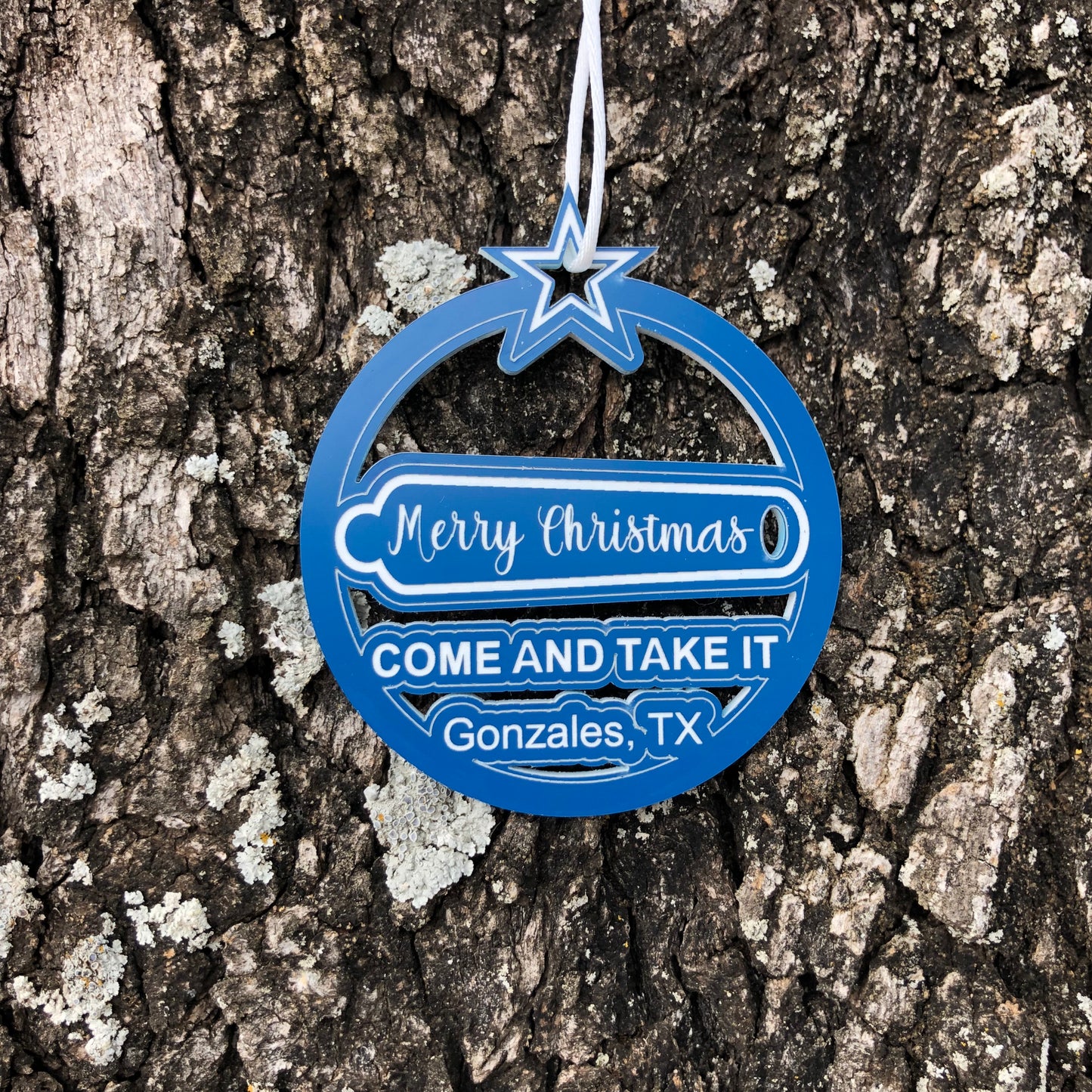 Blue Acrylic Come and Take It Ornament looks good hanging from rear view mirror too