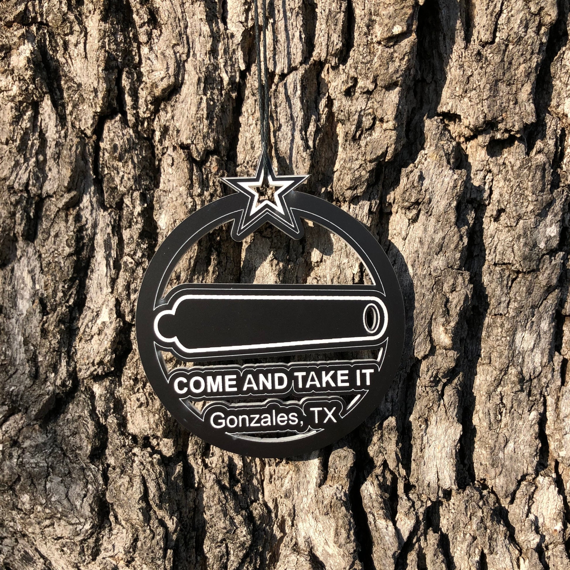 Black Acrylic Come and Take It Ornament looks good hanging from rear view mirror too